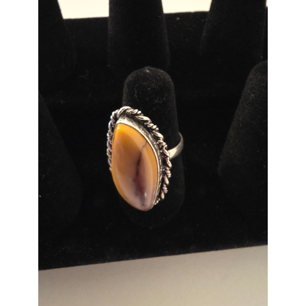 Vintage Sterling Silver 925 Marquise Agate Cabochon Rope Twist Ring Size 5.5